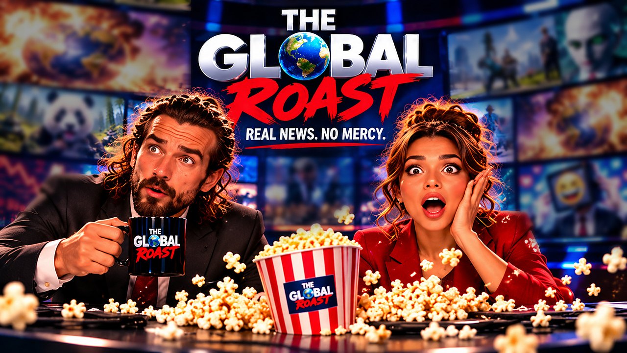 Animated hosts Richard and Alex at The Global Roast news desk, shocked, with a bucket of popcorn